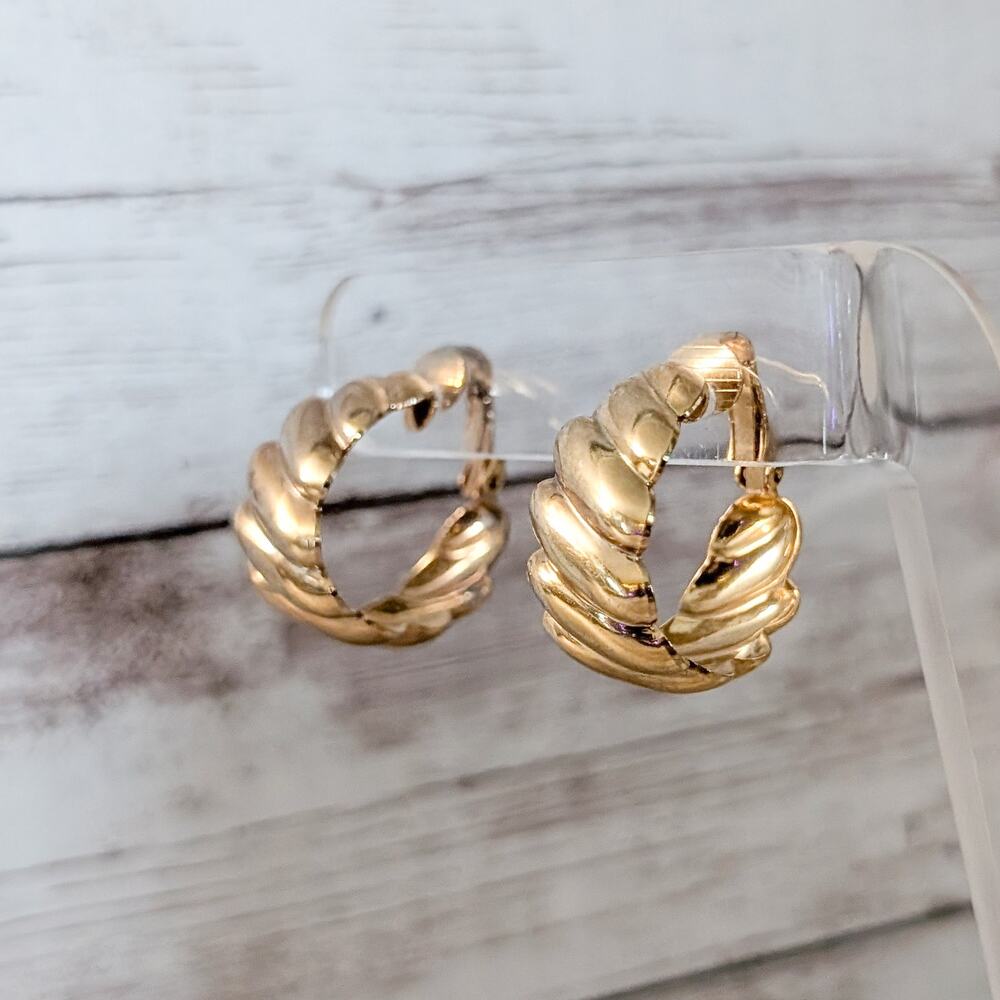 Vintage Clip On Earrings Gold Tone Statement Large Corrugated Hoops